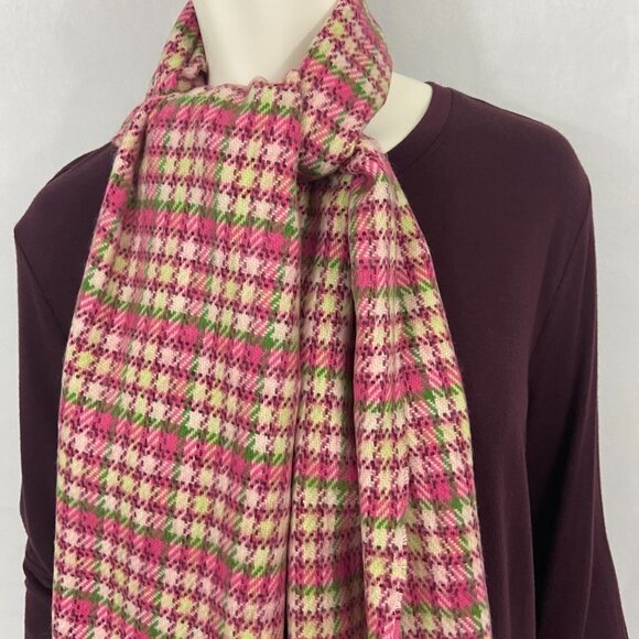 Scottish 100% Cashmere Scarf - Pink, Red, Green & Yellow Plaid w/ Fringe 64 in. - Picture 2 of 7
